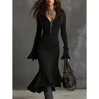 Women's Ribbed Knit Maxi Dress Zip Front Lapel Collar Long Sleeve Mermaid Sweater Dress Elegant Fall Winter Bodycon Dress