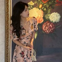 Romantic Floral V Neck Midi Dress Puff Sleeve Vintage Summer Dress for Women