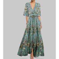 Women's Abstract Print Maxi Dress V Neck Slim Waist Elegant Long Dress