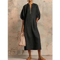 Women's Cotton Linen Midi Dress Puff Sleeve Loose Fit Casual Summer Dress V Neck Boho Maxi Dress with Pockets