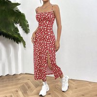Women's Floral Print Midi Dress Spaghetti Strap Bodycon Slit Summer Sundress