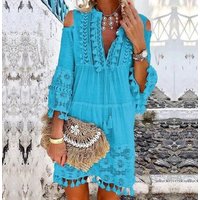 Women's Boho Tassel Mini Dress Embroidered Lace Beach Vacation Dress