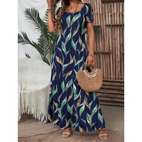 Women's Floral Print Maxi Dress Short Sleeve Square Neck Casual Summer Dress Boho Vacation Beach Dress