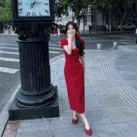 New solid color red polka dot elastic slim white drawstring design V-neck short-sleeved dress long dress women