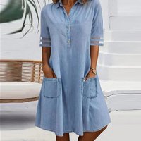 Women's Casual Denim Shirt Dress Short Sleeve Loose Fit Pocket Dress