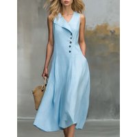 Women's Sleeveless Linen Midi Dress Button Front Lapel V Neck Casual A Line Summer Dress with Pockets