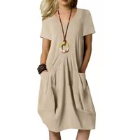 Women's Cotton Linen Loose Midi Dress Casual Short Sleeve Pocket Shift Dress
