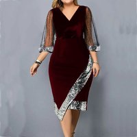 Women's Velvet Sequin Midi Dress Sheer Mesh Sleeve Elegant Party Dress