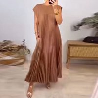 Women's Pleated Maxi Dress Sleeveless Round Neck Elegant Loose Fit Long Dress
