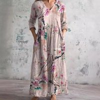 Women's Vintage Smocked Floral Print Maxi Dresses with Pockets Spring Summer Casual Colorful Long Sleeve V Neck Dress