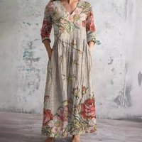 Women's Vintage Smocked Floral Print Maxi Dresses with Pockets Spring Summer Casual Colorful Long Sleeve V Neck Dress