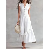 Women's Cotton Linen Maxi Dress Sleeveless V Neck Button Front Ruffle Hem Boho Summer Dress with Pockets