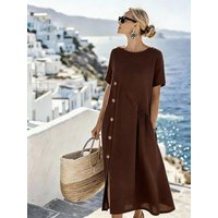 Women's Button Casual Midi Dress Shirred Pocket Loose Fit Summer Vacation Dress