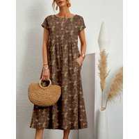 Women's Printed Cotton Linen Maxi Dress Casual Loose Summer Dress