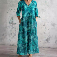 Women's Vintage Smocked Floral Print Maxi Dresses with Pockets Spring Summer Casual Colorful Long Sleeve V Neck Dress