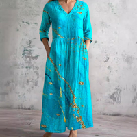 Women's Vintage Smocked Floral Print Maxi Dresses with Pockets Spring Summer Casual Colorful Long Sleeve V Neck Dress