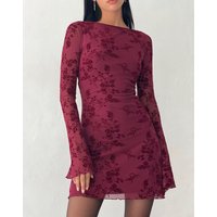 Sevila Long Sleeve Mini Dress in Flocked Botanical Flower Maroon