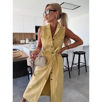 Women's Sleeveless Denim Maxi Dress Button Front Belted Waist Split Casual Shirt Dress