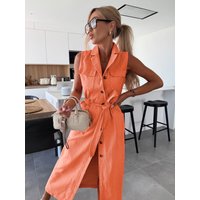 Women's Sleeveless Denim Maxi Dress Button Front Belted Waist Split Casual Shirt Dress
