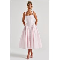 Women's Dress Gingham Fabric Fitted Bodice Adjustable Straps Midi Skirt