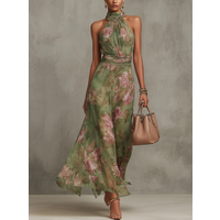 Green Floral Chiffon Halter Maxi Dress