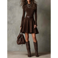 Vintage Dark Brown Suede Mock Neck Mini Dress