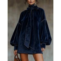Dark Blue Velvet Bow Lantern Sleeve Mini Dress
