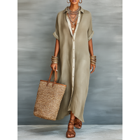 Women's Minimalist Linen Blend Short-sleeved Shirt Maxi Dress MDZAY