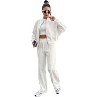 Women's Solid Zip Up Crop Jacket & Drawstring Waist Pants Two-piece Set, Casual Fashion Drop Shoulder Long Sleeve Top & High Waist Trousers Womenswear Suits for Outdoor Wear, Women's Clothing for Spring & Fall s Clothes