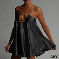 Amy Fashion - Solid Hollow V-neck A-line Mini Flared Dress