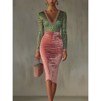 Pink Velvet Bodycon Dress With Patchwork Webbing And Leopard Print