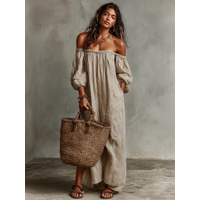 Women's Vacation Cotton-linen Blend Off-shoulder Long-sleeved Maxi Dress MDZBY