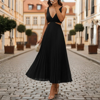 Sleeveless Pleated Midi Dress with V-Neck for Women
