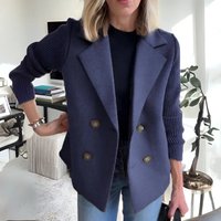 Women's Double Breasted Wool Pea Coat Notched Lapel Ribbed Knit Long Sleeve Sweater Short Blazer Jacket