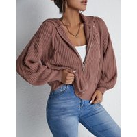 Textured Drop Shoulder Zip Up Hooded Cardigan, Casual Long Sleeve Cardigan Sweater, Women's Autumn & Winter Clothes for Daily Wear, Evening Tops, Fall & Winter Clothes, Year End Sale, Valentine's Day Gift for Girl