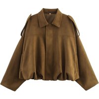 Women's Faux Suede Bomber Jacket Spring Lapel Pilot Coat Casual Oversized Long Sleeves Trendy Streetwear Outerwear