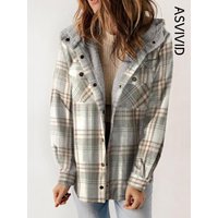 Women's Plaid Houndstooth Print Button Front Hooded Coat, Casual Long Sleeve Pocket Coat for Fall & Winter, Ladies Outerwear for Daily Wear