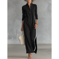 Women's Minimalist White-trimmed Button-down Collar Sweatshirt Dress Maxi Dress MDALY