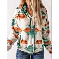Women's Geometric Print Pocket Button Front Zipper Polar Fleece Spring Jacket, Casual Stand Collar Long Sleeve Coat for Fall & Winter, Women's Clothes for Daily Wear, Jackets & Coats, Fall Outfits, Fall Clothes, Preppy s Clothes