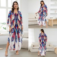 [Plus Size] Butterflyfeather Print Ruched Split Hem Tunic Dress, Valentine's Day Elegant Batwing Sleeve V Neck Long Dress for Summer, Casual Womenswear, Gift, Homecoming Dresses, Women's Clothes for Beach Holiday Vacation, Moo Moo Dresses