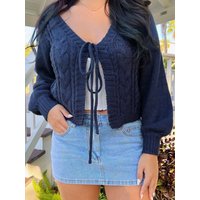 Women's Solid Drop Shoulder Tie Front Blue Cardigan,Comfort Basic Minimalist Fashion Casual Long Sleeve V Neck Knitwear for Fall & Winter, Lady Knitting Fabric Tops,Women Clothing for Daily Outdoor Wear, Womenswear