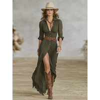 Elegant Long Sleeve Linen Blend Pleated Maxi Dress - Slimming Loose Fit A-Line Shirt Dress