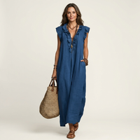 Women's Ruffle V-Neck Linen Maxi Dress Flutter Sleeve Loose Fit Summer Casual Vacation Dress