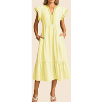 Women's Striped V-Neck Flutter Sleeve Long Dress