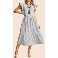 Women's Striped V-Neck Flutter Sleeve Long Dress
