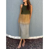 Casual cotton and linen slit gradient tie-dye long dress