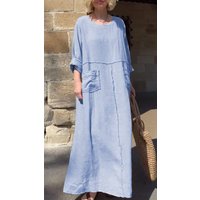 Loose Cotton Linen Maxi Dress Casual Round Neck Long Sleeve Dress for Women
