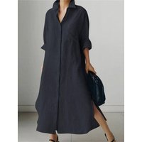 Loose Linen Shirt Maxi Dress Casual Long Sleeve Button Down Dress for Women