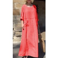 Loose Cotton Linen Maxi Dress Casual Round Neck Long Sleeve Dress for Women
