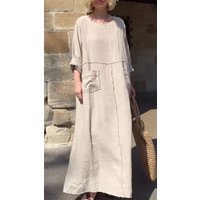 Loose Cotton Linen Maxi Dress Casual Round Neck Long Sleeve Dress for Women